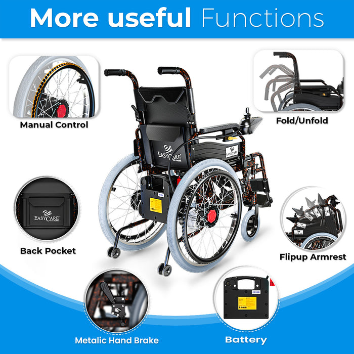 EasyCare Automatic Aluminium Wheelchair with manual control, fold/unfold mechanism, back pocket, flip-up armrest, metal hand brake, and battery compartment.