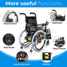 EasyCare Automatic Aluminium Wheelchair with manual control, fold/unfold mechanism, back pocket, flip-up armrest, metal hand brake, and battery compartment.