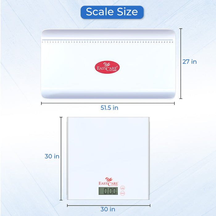 An infographic detailing the dimensions of the digital scale, showing its size with the baby weighing tray attached and as a standalone adult scale.