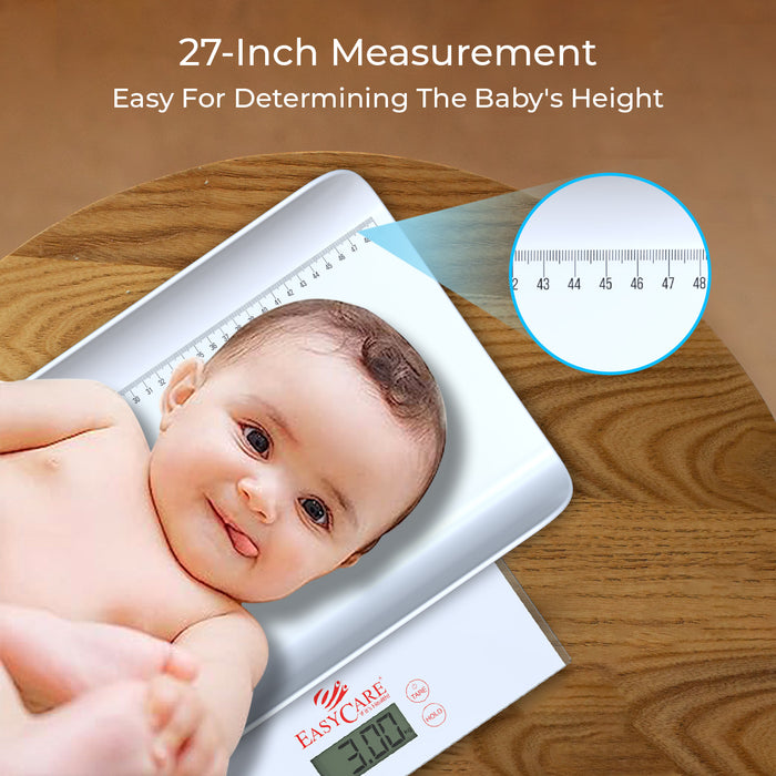 An infographic highlighting the digital scale's integrated 27-inch height meter, used for easily determining a baby's height and tracking their growth.