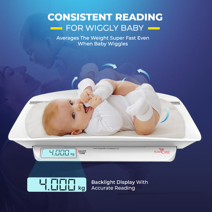 An infographic highlighting a baby scale's ability to provide a consistent and accurate reading even when the baby wiggles, featuring a clear backlight display.