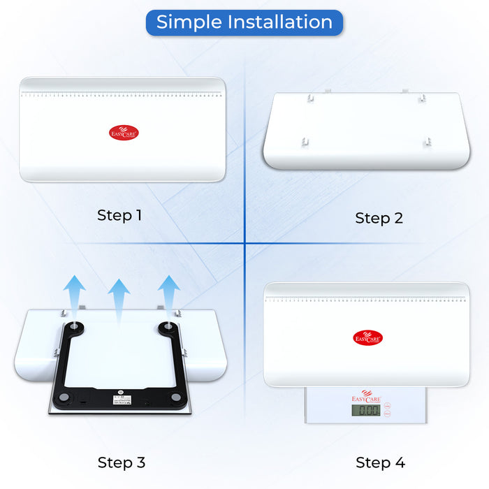 An instructional infographic showing the simple, four-step process for installing the baby weighing tray onto the digital scale for infant use.
