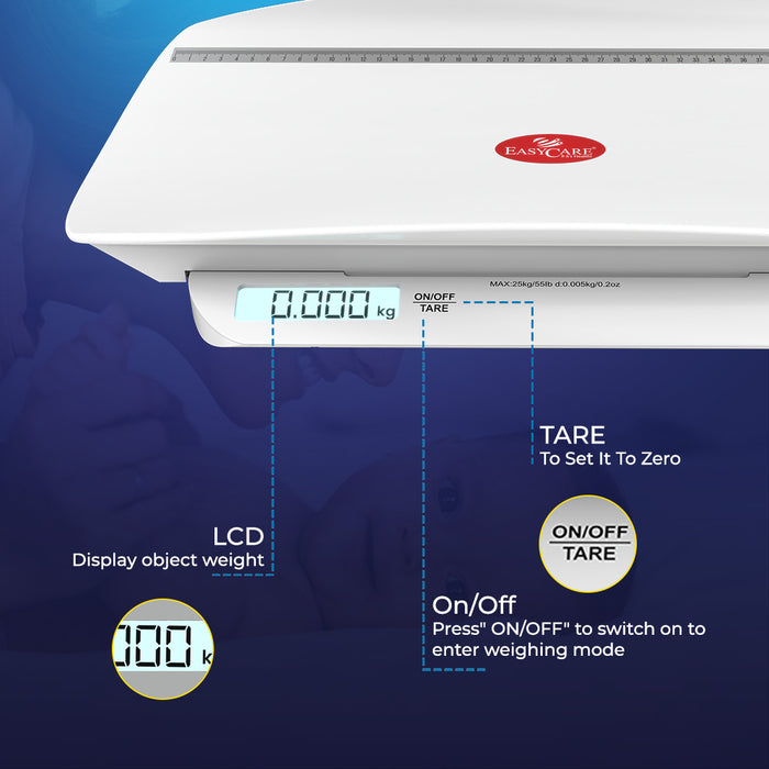 A close-up infographic of a baby scale's controls, labeling the LCD display, TARE button to set to zero, and the On/Off button for easy operation.