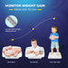An infographic showing how to monitor weight gain from newborn to one year old, highlighting the scale's ability to track baby's growth and its integrated height measurement feature.