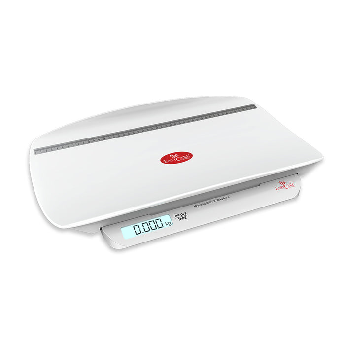 A full product image of a modern, white Easycare baby weighing scale with a curved tray and an integrated height measurement ruler.