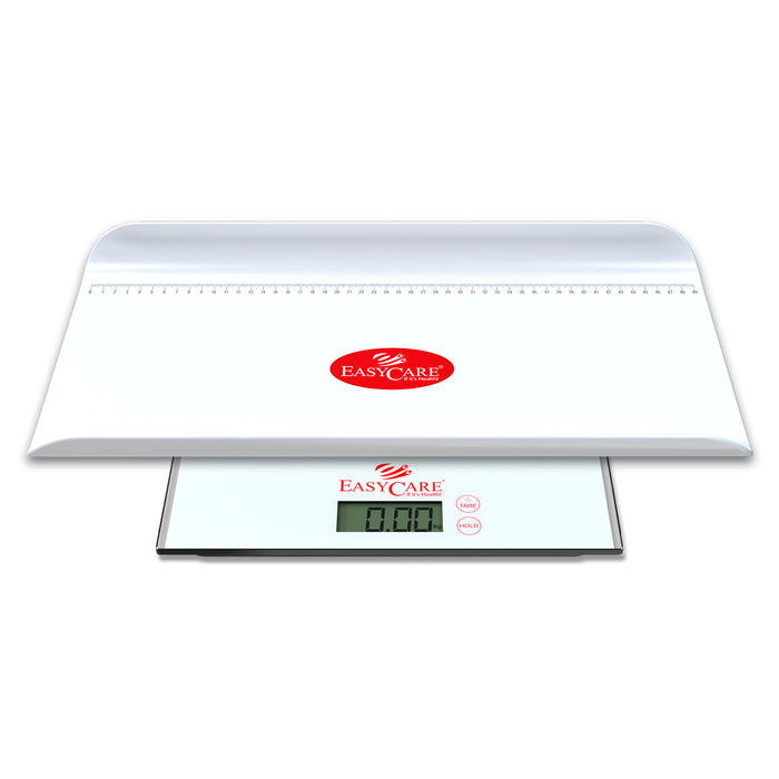A full product image of the digital scale with the baby weighing tray attached, highlighting its use as a baby weight scale.