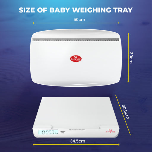 An infographic detailing the dimensions of a baby weighing tray and the scale, showing measurements of 50cm x 30cm for the tray and 34.5cm x 30.5cm for the base.