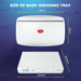 An infographic detailing the dimensions of a baby weighing tray and the scale, showing measurements of 50cm x 30cm for the tray and 34.5cm x 30.5cm for the base.