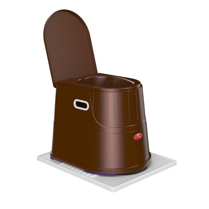 Easycare Brown Portable Toilet Converter Side View - Commode Stool with 125kg Weight Capacity, Smooth Brown Finish, Reinforced Rubber Pads, Connected Lid to Minimize Odors