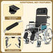 An infographic detailing the key features of a reclining commode wheelchair, highlighting its large capacity commode, PU soft armrests, and foldable footplate.
