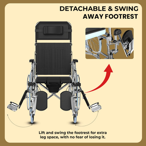 An infographic demonstrating the detachable and swing-away footrest of a commode wheelchair, which provides extra leg space and makes patient transfers easier.