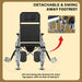 An infographic demonstrating the detachable and swing-away footrest of a commode wheelchair, which provides extra leg space and makes patient transfers easier.