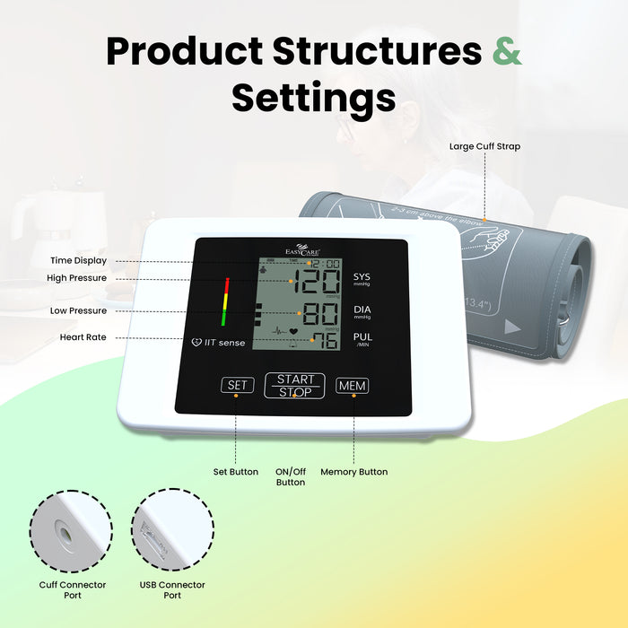 Diagram showing EasyCare Digital Blood Pressure Monitor parts and settings including large cuff strap, USB connector port, memory button, start stop button, systolic and diastolic indicators, heart rate, and IIT sense display