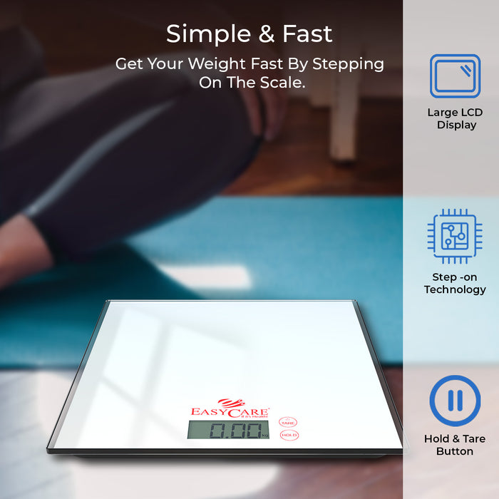 An infographic listing the key features of the digital scale, including its large LCD display, simple "Step-on Technology," and convenient "Hold & Tare" buttons for fast and accurate weighing.