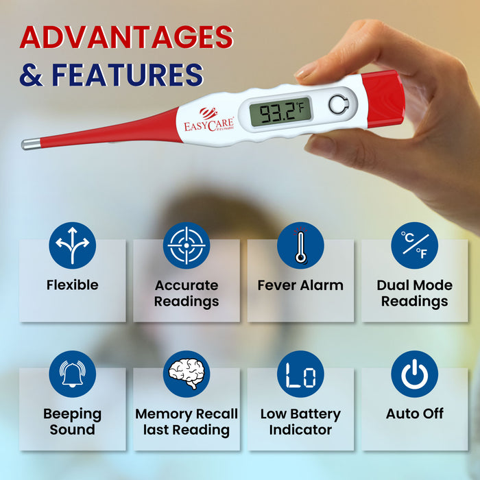 An infographic detailing the advantages and features of a digital thermometer, including a fever alarm, accurate readings, dual Celsius/Fahrenheit modes, and memory recall for the last reading.