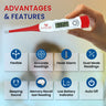 An infographic detailing the advantages and features of a digital thermometer, including a fever alarm, accurate readings, dual Celsius/Fahrenheit modes, and memory recall for the last reading.