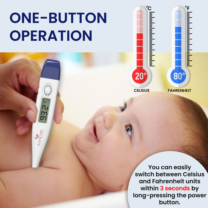  An infographic for a digital thermometer, highlighting its One-Button Operation and the ability to easily switch between Celsius and Fahrenheit units.