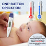  An infographic for a digital thermometer, highlighting its One-Button Operation and the ability to easily switch between Celsius and Fahrenheit units.