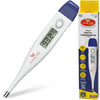 A full product image of a red and white digital thermometer, showcasing its sleek and simple design.