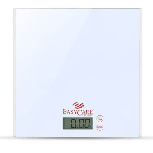 A full product image of a modern, white digital weighing scale with a large LCD display and tempered glass surface.