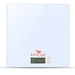 A full product image of a modern, white digital weighing scale with a large LCD display and tempered glass surface.