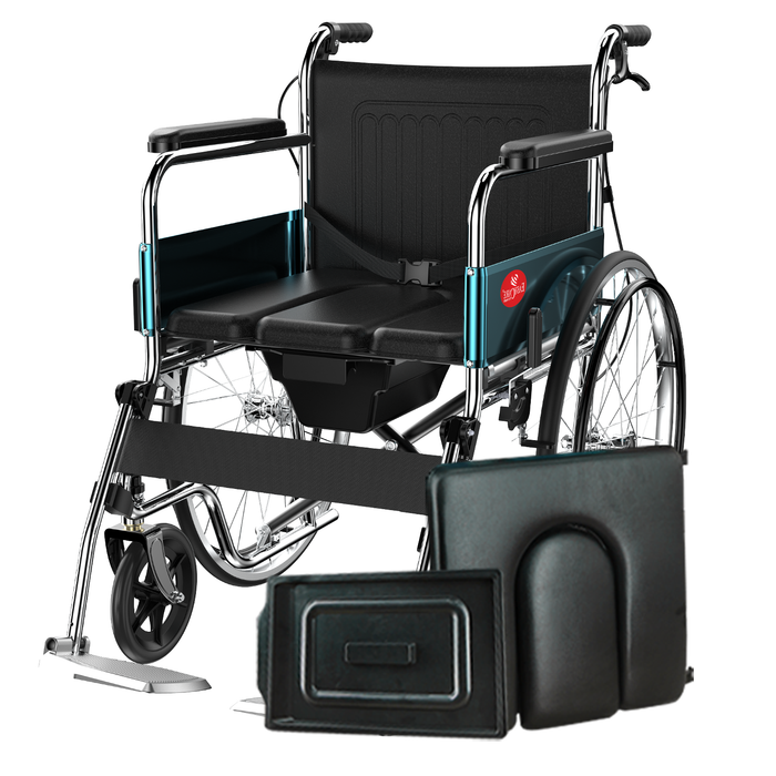 Side View of EasyCare EC608CL 24" Premium Folding Wheelchair with Commode - Chrome Plated Frame, Self-Propelled Wheels, Flip-up Leg Rest, Hand & Attendant Brakes, PVC U-Cut Seat, and Removable Toilet Pot