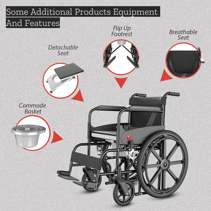 EasyCare EC709 Commode Wheelchair Features: Detachable Seat for Easy Cleaning, Flip-Up Footrest for Convenient Access, Breathable Seat for Enhanced Comfort, Commode Basket for Easy Waste Disposal | Ideal for Disabled and Elderly Users