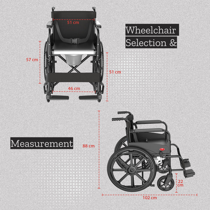 EasyCare EC709 Commode Wheelchair Dimensions: 57 cm Seat Width, 51 cm Seat Depth, 88 cm Backrest Height, 102 cm Total Length, 22 cm Folded Width
