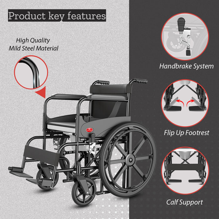 EasyCare EC709 Commode Wheelchair Key Features: High-Quality Mild Steel Frame for Durability, Handbrake System for Enhanced Safety, Flip-Up Footrest for Easy Access, Calf Support for Added Comfort | Ideal for Elderly and Disabled Users
