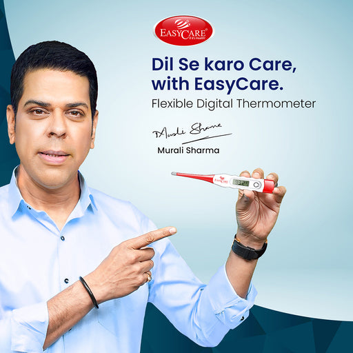 An advertisement for the Easycare Flexible Digital Thermometer, featuring Murali Sharma pointing to the product and promoting the slogan, "Dil Se karo Care, with EasyCare.