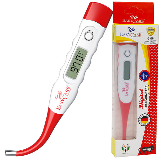 A digital thermometer with a flexible tip, displaying a reading, and its packaging which includes a red and white color scheme. The product is labeled 'EASYCARE'.