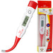 A digital thermometer with a flexible tip, displaying a reading, and its packaging which includes a red and white color scheme. The product is labeled 'EASYCARE'.