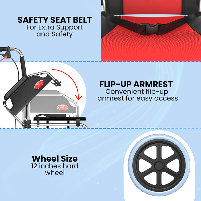EASYCARE foldable aluminum wheelchair featuring safety seat belt, flip-up armrest, and 12-inch hard rear wheels for secure and comfortable mobility