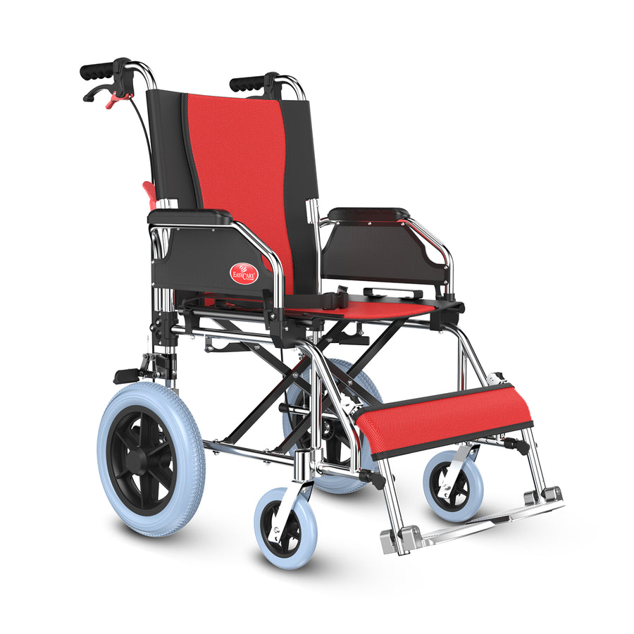 EASYCARE Portable Aluminum Wheelchair with Locking Hand Brakes, 12” Rear Wheels, Foldable Backrest, Capacity upto 120 Kg