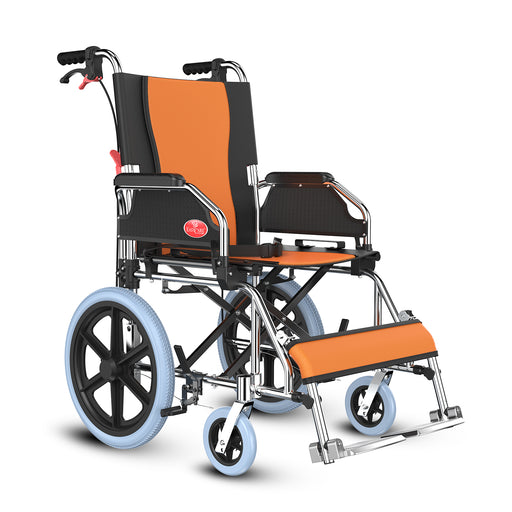 Easycare foldable aluminum wheelchair with 16" rear wheels, locking hand brakes, and foldable backrest for enhanced mobility and comfort.