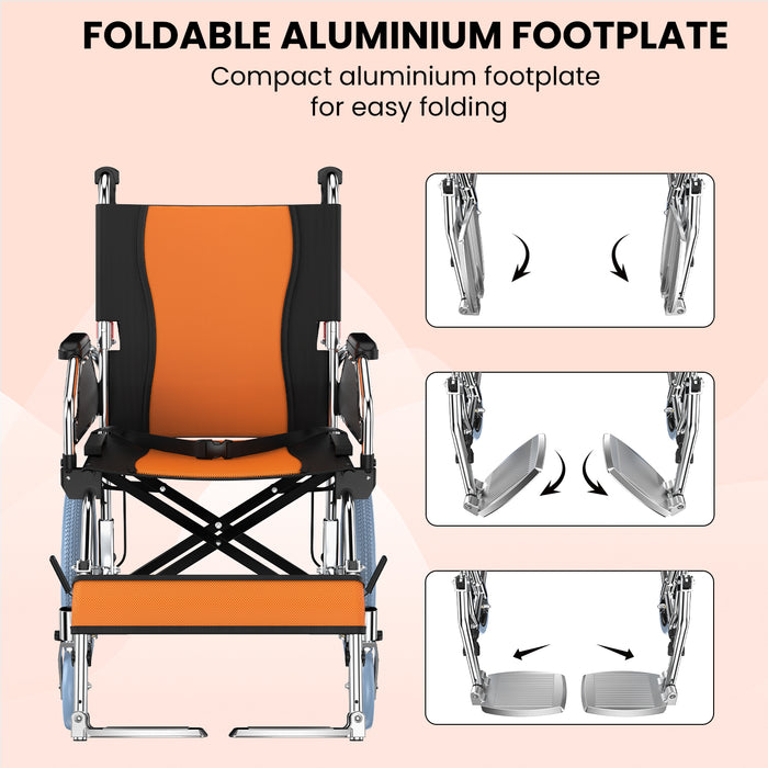 Easycare foldable aluminum wheelchair with compact aluminum footplate for easy folding and storage.