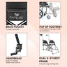 Easycare foldable aluminum wheelchair features: back pocket for essentials, handbrake for safety, flip-up footrest for comfort, and dual X-sturdy frame for durability.