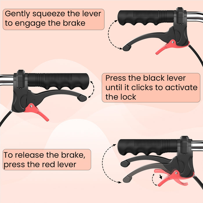 Easycare foldable aluminum wheelchair brake system: engage by squeezing the lever, lock with black lever, and release with red lever. Ideal for safe wheelchair mobility.