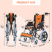 Dimensions of Easycare foldable aluminum wheelchair with 16" rear wheels, showing seat width, backrest height, and folded width for easy storage.