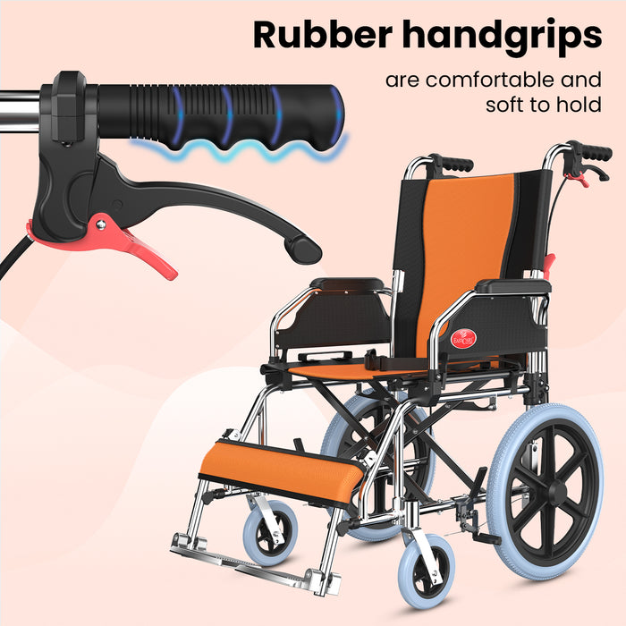 Easycare foldable aluminum wheelchair with soft and comfortable rubber handgrips for easy and secure handling.