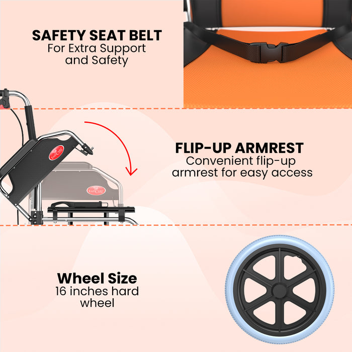 Easycare foldable aluminum wheelchair with safety seat belt for extra support, flip-up armrest for easy access, and 16-inch hard wheels for smooth mobility.