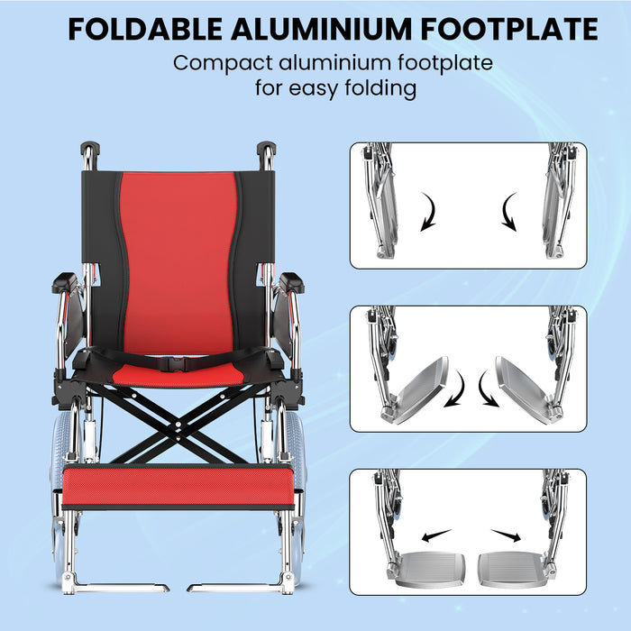 Compact foldable aluminium footplate on EASYCARE wheelchair for easy storage and lightweight mobility