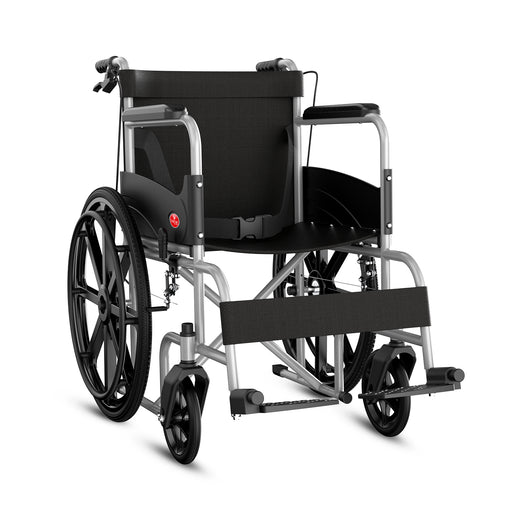 EASYCARE foldable wheelchair with attendant brake, swing-away footrests, and cushioned armrests for elderly and patient mobility