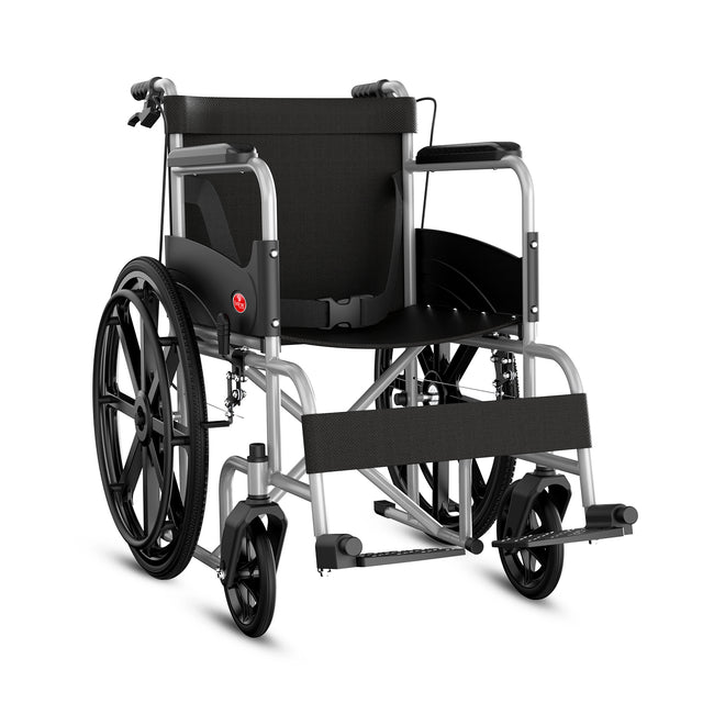 EASYCARE foldable wheelchair with attendant brake, swing-away footrests, and cushioned armrests for elderly and patient mobility