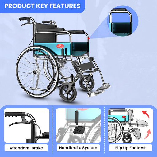 Easycare foldable wheelchair with handbrake, attendant brake, and flip-up footrest for elderly mobility and comfort