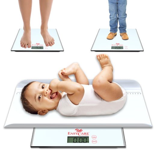 A multi-functional digital weighing scale shown being used for an infant with a baby tray, a child, and an adult, highlighting its versatile use for the whole family.