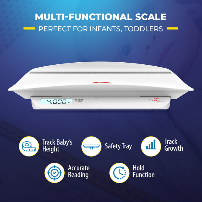  An infographic for a multi-functional baby scale, highlighting its key features for infants and toddlers, including a safety tray, accurate reading, hold function, and the ability to track growth and height.