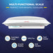  An infographic for a multi-functional baby scale, highlighting its key features for infants and toddlers, including a safety tray, accurate reading, hold function, and the ability to track growth and height.