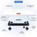 An exploded view infographic of the digital scale, labeling its key parts, including the tempered glass surface, highly sensitive sensors, and lithium cell battery.
