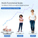 An infographic for a multi-functional digital scale, showing its wide weighing range from 0.1 kg to 150 kg, suitable for infants, children, and adults.